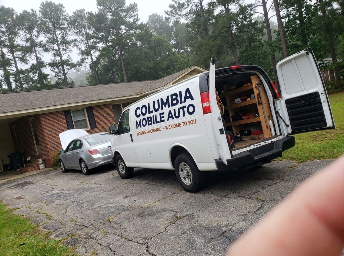 Mechanic's tool cart beside a sedan with its hood raised in a Columbia SC driveway