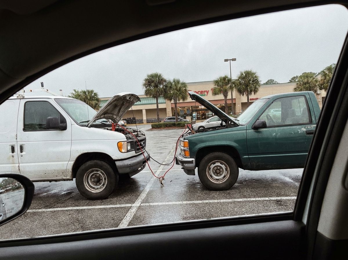 Jumper cables connected between a service van and a pickup truck in a Columbia parking lot